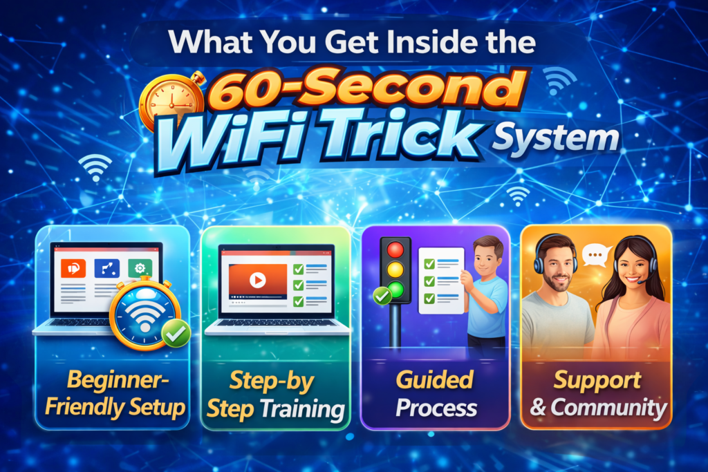 60-Second WiFi Trick system features infographic showing beginner friendly setup step by step training guided process and community support