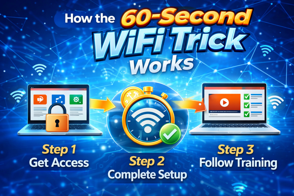 60-Second WiFi Trick how it works infographic showing step by step process get access complete setup and follow training