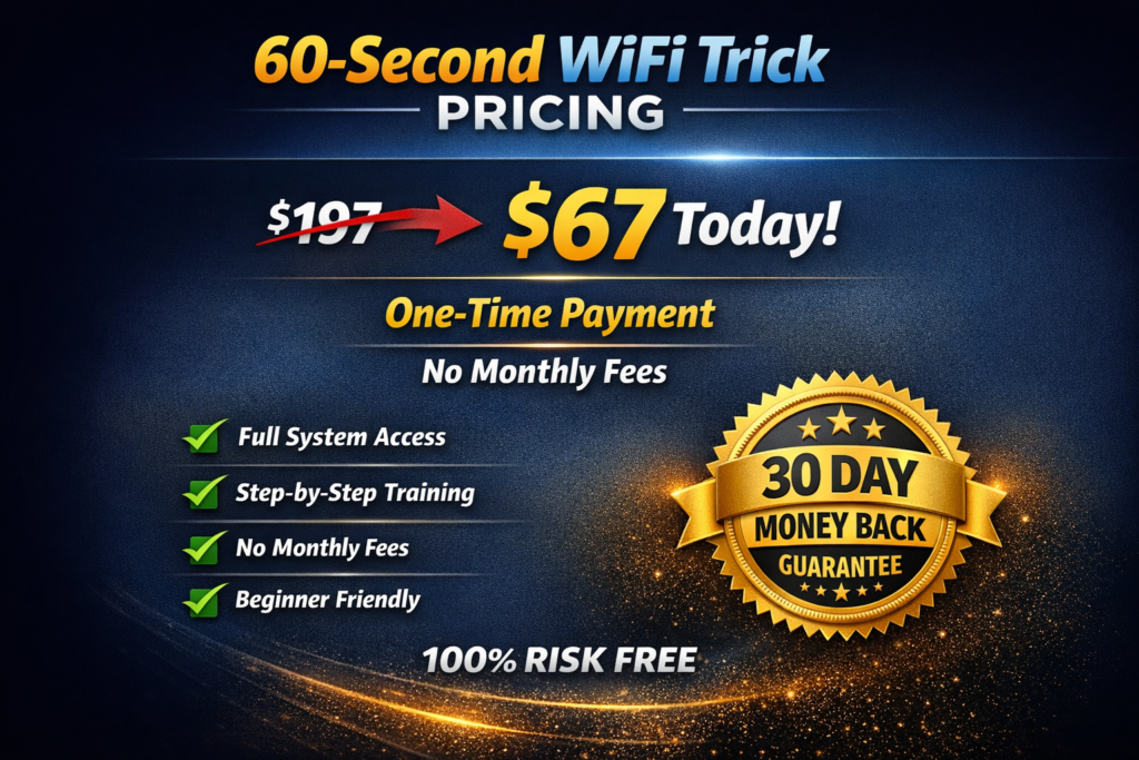 60-Second WiFi Trick pricing image showing $67 one time payment discount from $197 with features and 30 day money back guarantee
