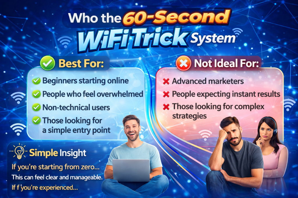 60-Second WiFi Trick target audience infographic showing beginners non technical users and people looking for a simple online system